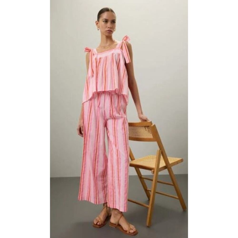 SZ Blockprints Pant Summer Drawstring Waist Wide Leg Pink Red White Stripe L